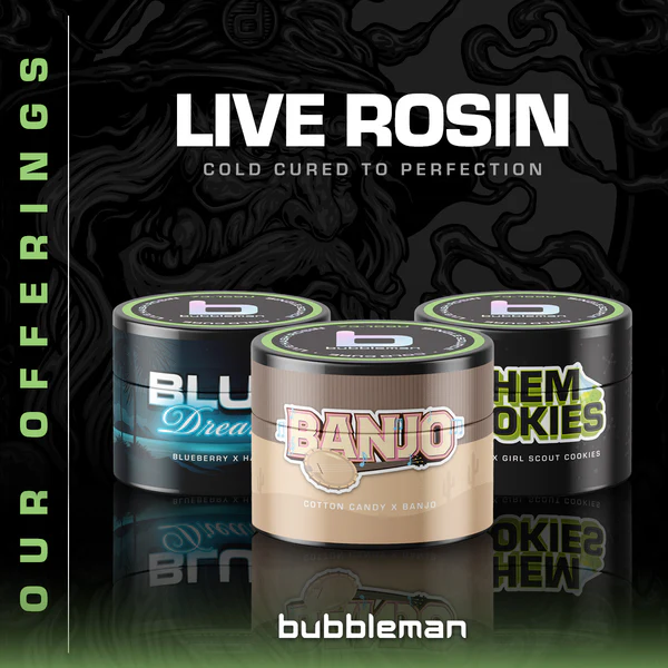 Photograph of product: Bubbleman | Live Rosin Cold Cure Badder | Super Buff Cherry (H)