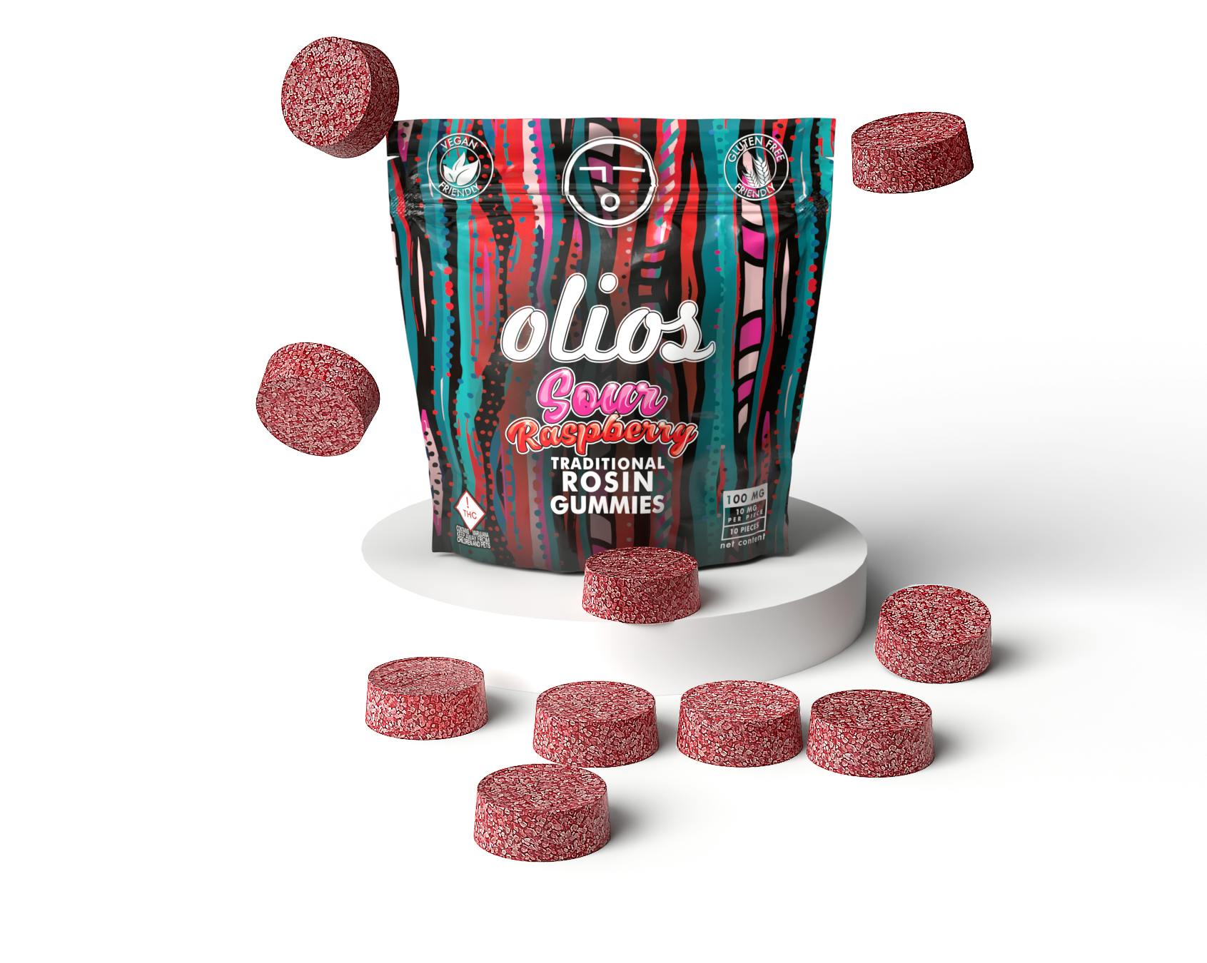 Photograph of product: Olio | Gummies | Sour Raspberry | Live Rosin | 100mg