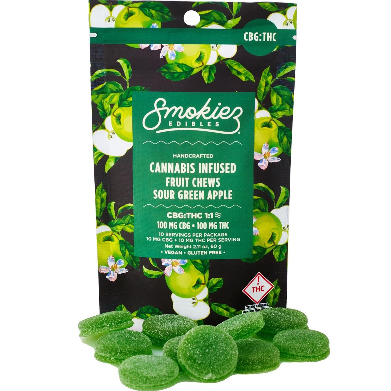 Photograph of product: Sour Green Apple (H) - (1:1 TH-oui:CBG) - 100mg Gummies - Smokiez
