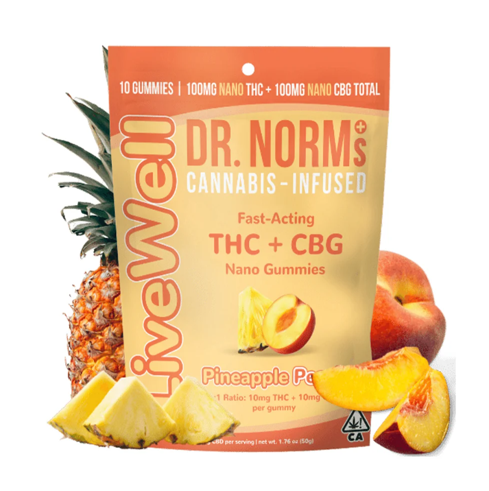 Photograph of product: Dr. Norm's - 100mg - 1:1 TH-oui:CBG Gummies - Pineapple Peach