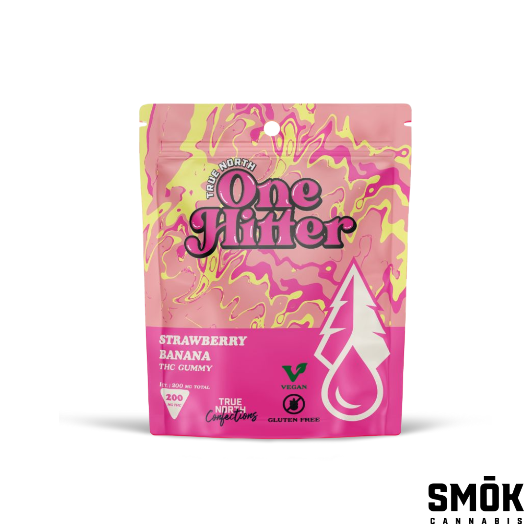Photograph of product: True North One Hitter Gummies Strawberry Banana 200mg