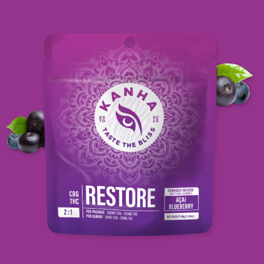 Photograph of product: Kanha | Acai Blueberry Restore 2:1 (CBG,THC) Gummies 10Pk - Hybrid