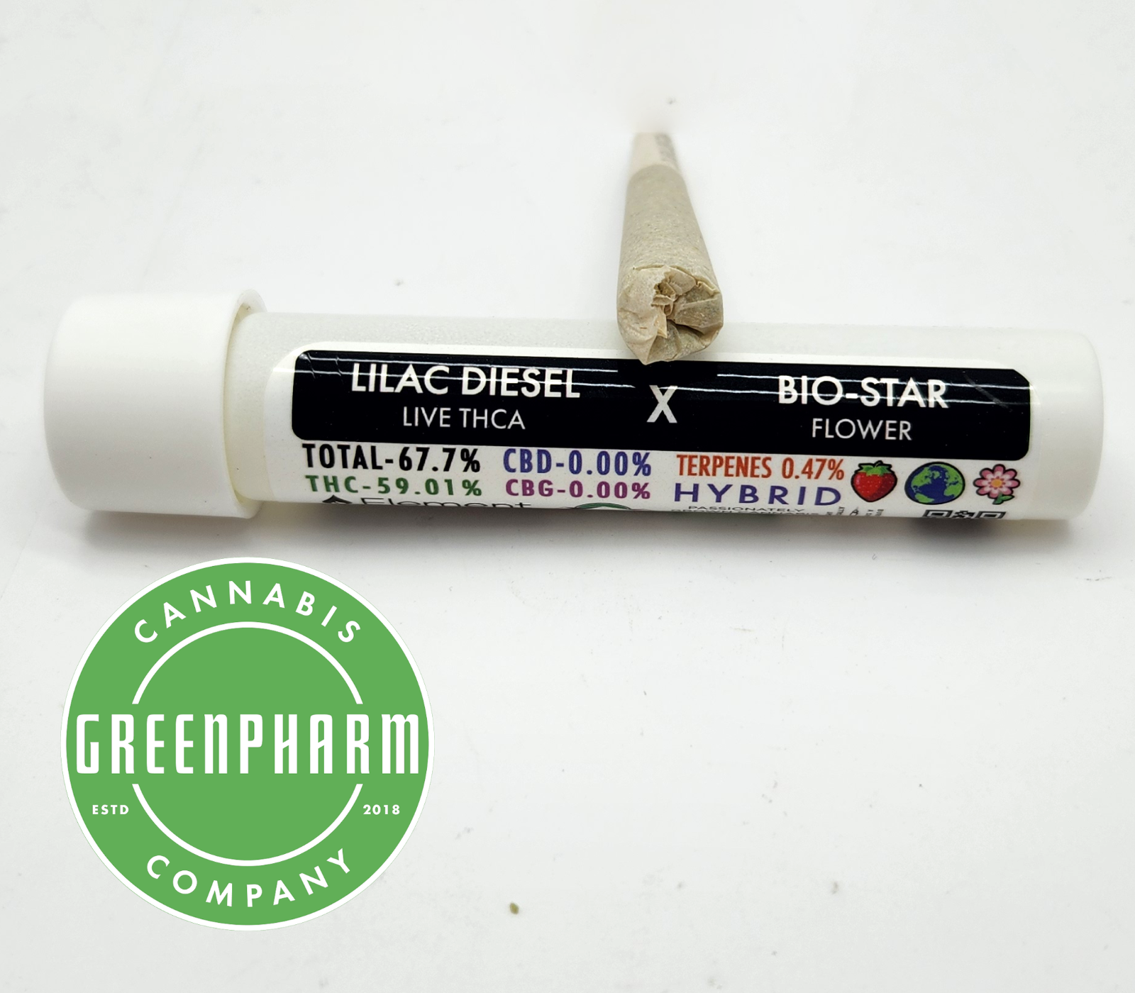 Photograph of product: Infused Pre-Roll | Element | Bio-Star x Lilac Diesel Live TH-ouiA Infused