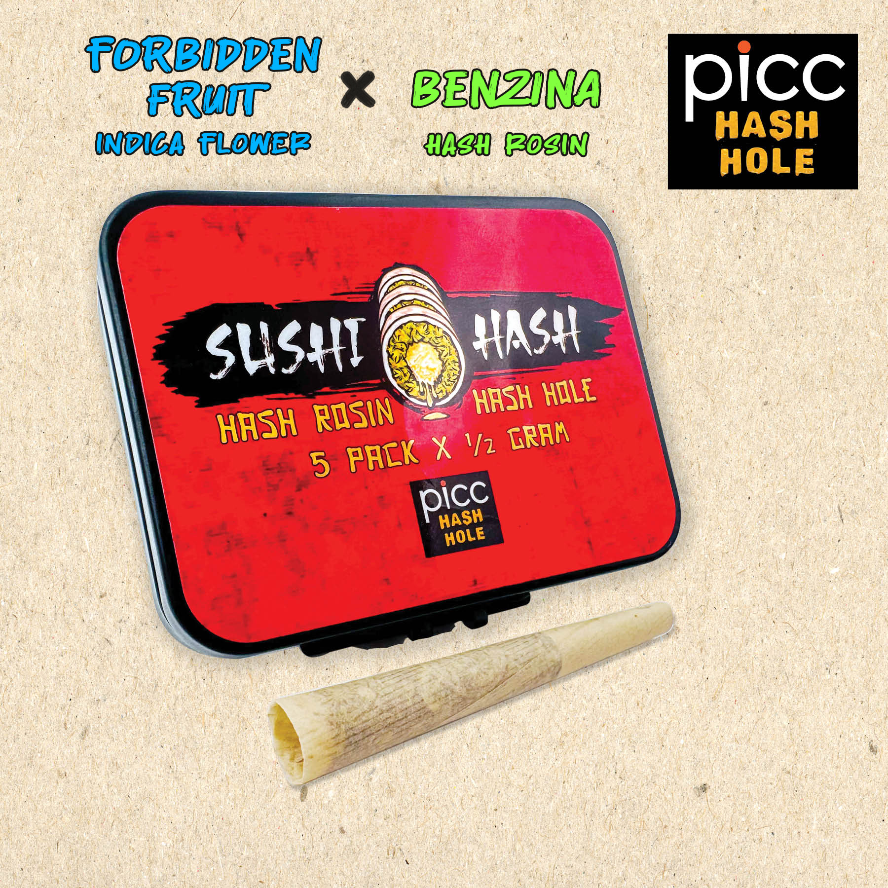 Photograph of Product: Picc x SUSHI HASH | Forbidden Fruit x Benzina Rosin Hash Hole | Infused Pre-Roll 5 Pack | 2.5g