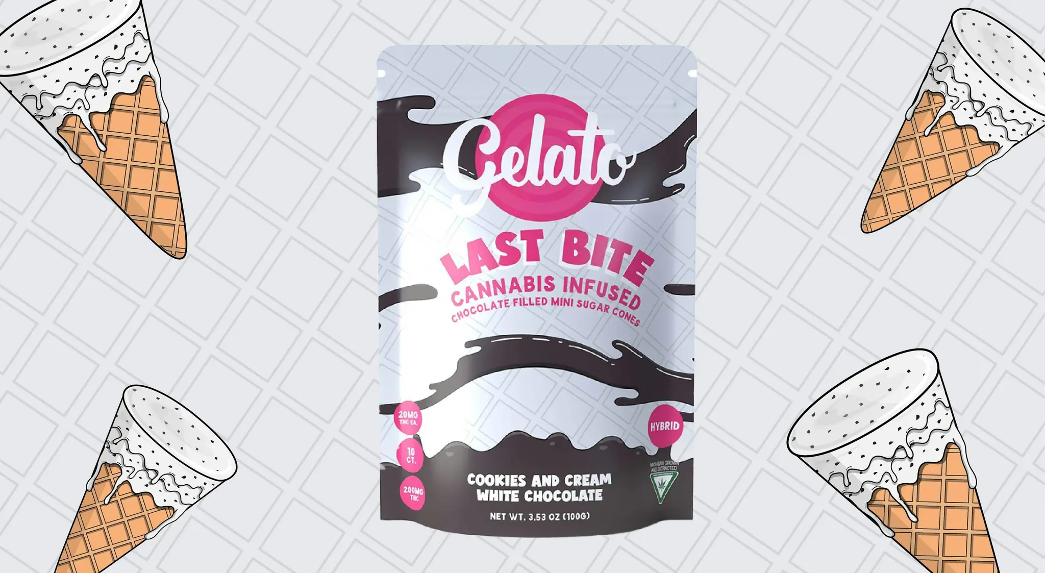 Photograph of product: Gelato - 200mg Infused Sugar Cones - Cookies 'n Cream