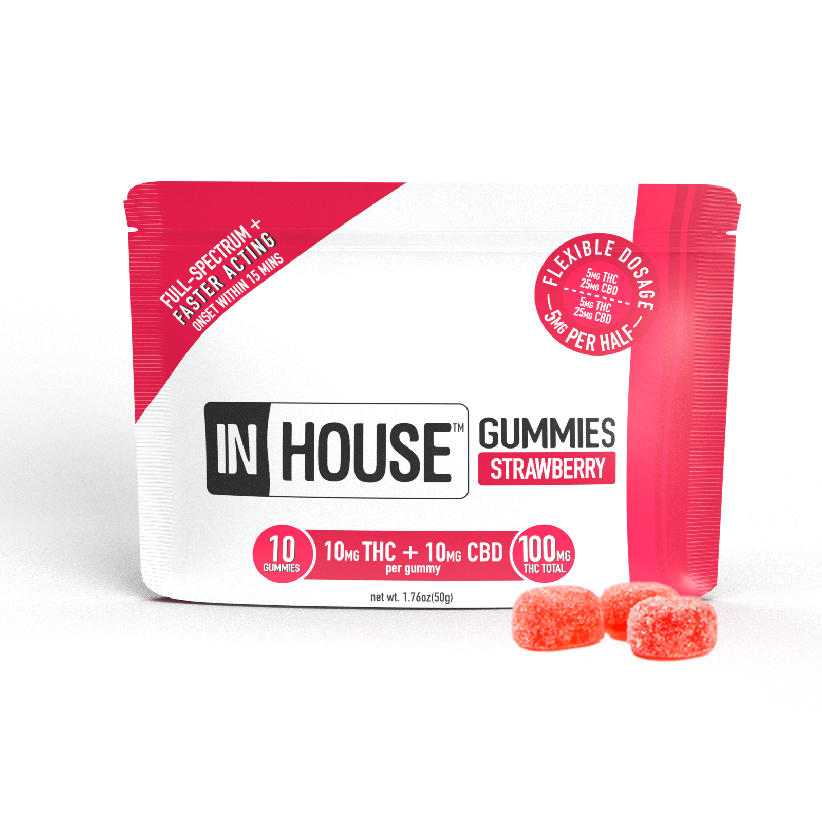 Photograph of product: Gummy In-House Strawberry 1:1 TH-oui:CBD [10pk] | 100mg