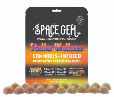 Photograph of product: STELLAR WELLNESS TANGERINE AND PINEAPPLE 50MG 1:1 TH-oui:CBD GUMMIES 20 PACK - 50 MG