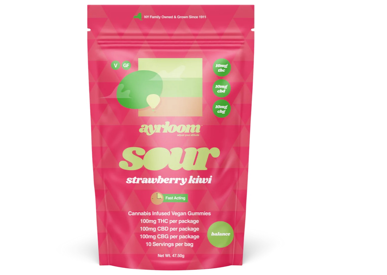 Photograph of product: Ayrloom | Sour Strawbery Kiwi | 1:1:1 TH-oui / CBD / CBG Gummies | 10pk