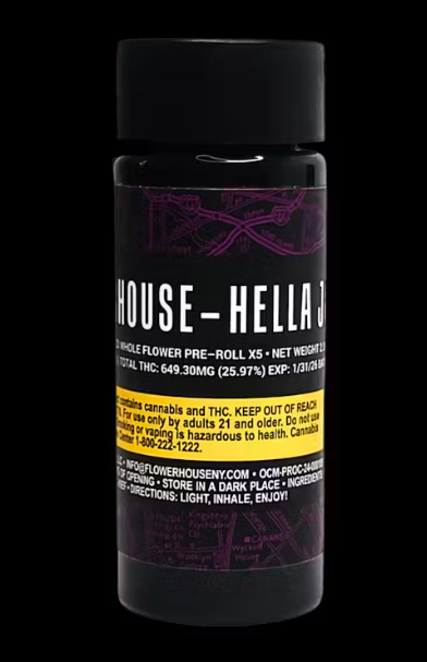 Photograph of product: Flowerhouse | 0.5g 5pk (2.5g) Infused Pre Roll | Hella Jelly