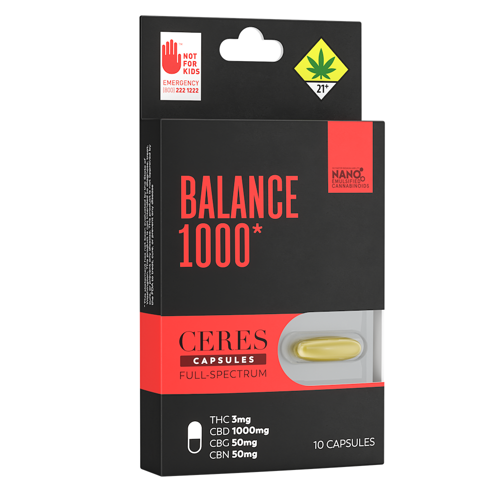 Photograph of product: Ceres | Balance 1000 | Capsules | DOH | 10pk | 3mg TH-oui : 100mg CBD : 50mg CBG : 50mg CBN