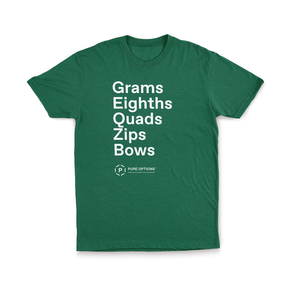 Photograph of product: Grams | Eighths | Quads | Zips | Bows T-Shirt: Green - M