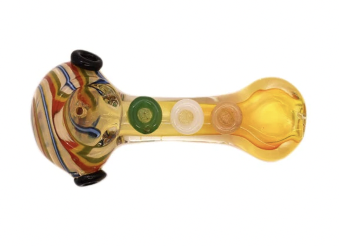 Photograph of product: 4" Frit & Fumed Rasta Button Glass Pipe