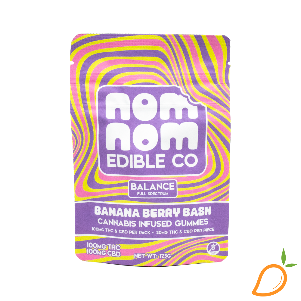 Photograph of product: 100mg 1:1 TH-oui/CBD Banana Berry Bash Gummies NomNom