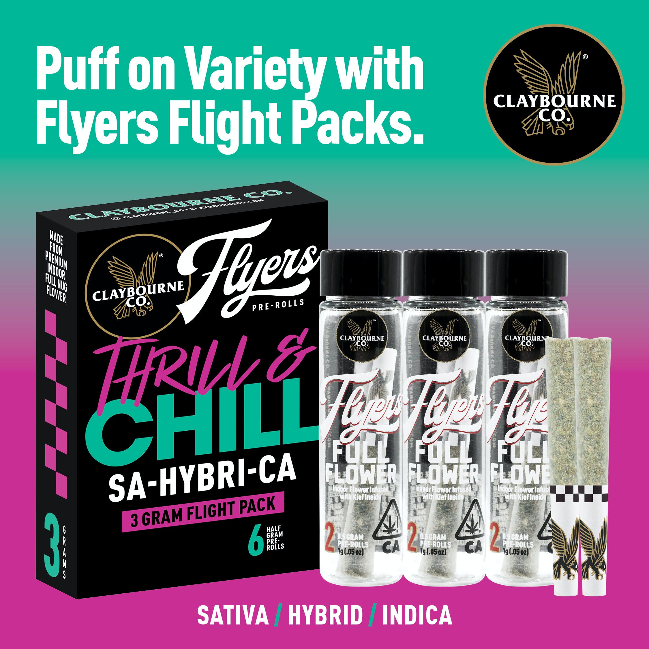Photograph of product: Claybourne Co Flyers Thrill and Chill Variety Preroll 6pk 3g