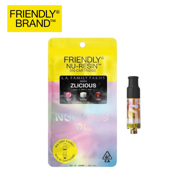 Photograph of product: Friendly Brand x L.A.F.F. – Zlicious – Cured Nucleus Resin Cart – 1g - Zlicious