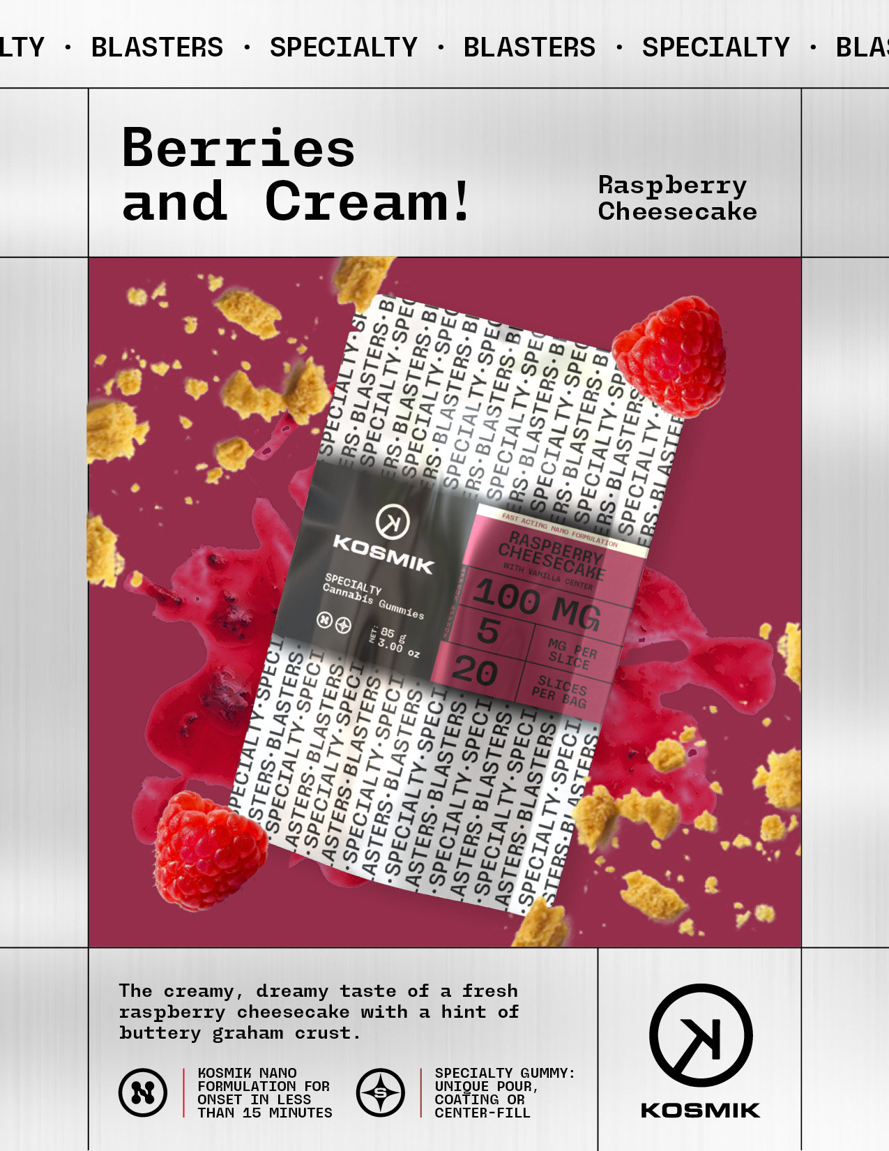 Photograph of product: Kosmik Nano Raspberry Cheesecake Gummies 5mg 20pc