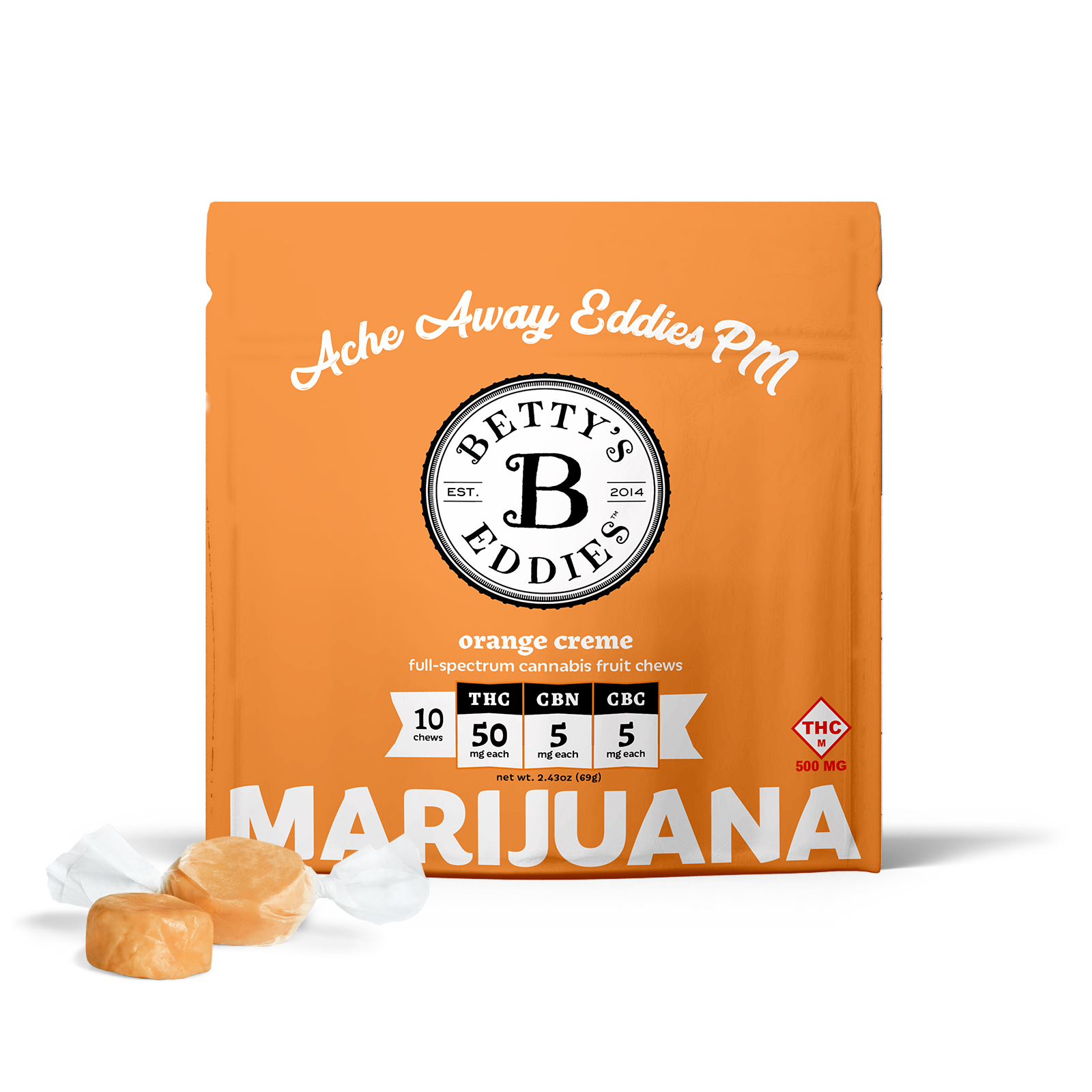 Photograph of product: BETTY'S EDDIES - CHEWS - 500MG TH-oui / 50MG CBN / 50MG CBC - 10PK - ACHE AWAY PM - ORANGE CREME