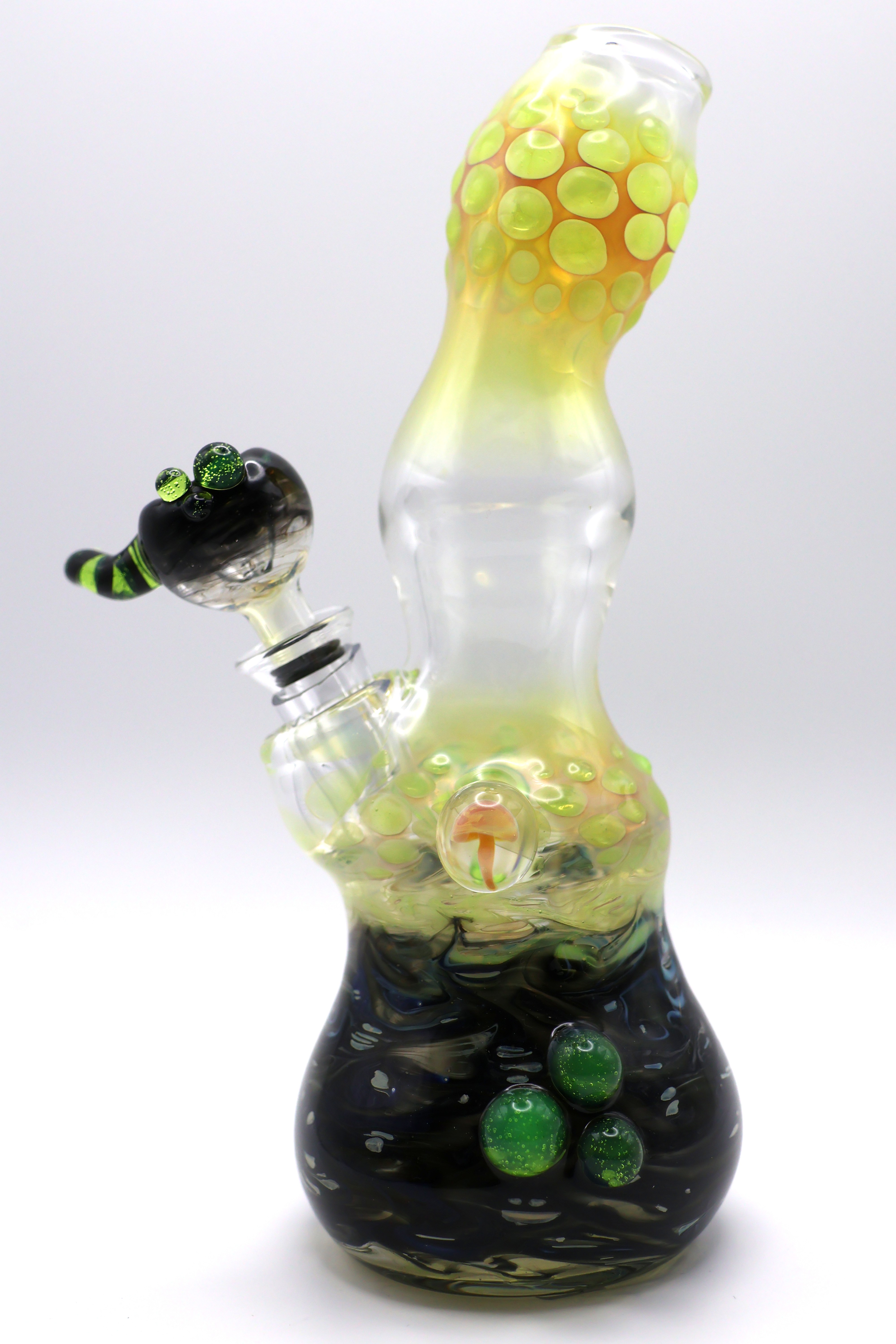 Photograph of product: Black/Green Swirl Mushroom Bong - Vermont Blown Glass