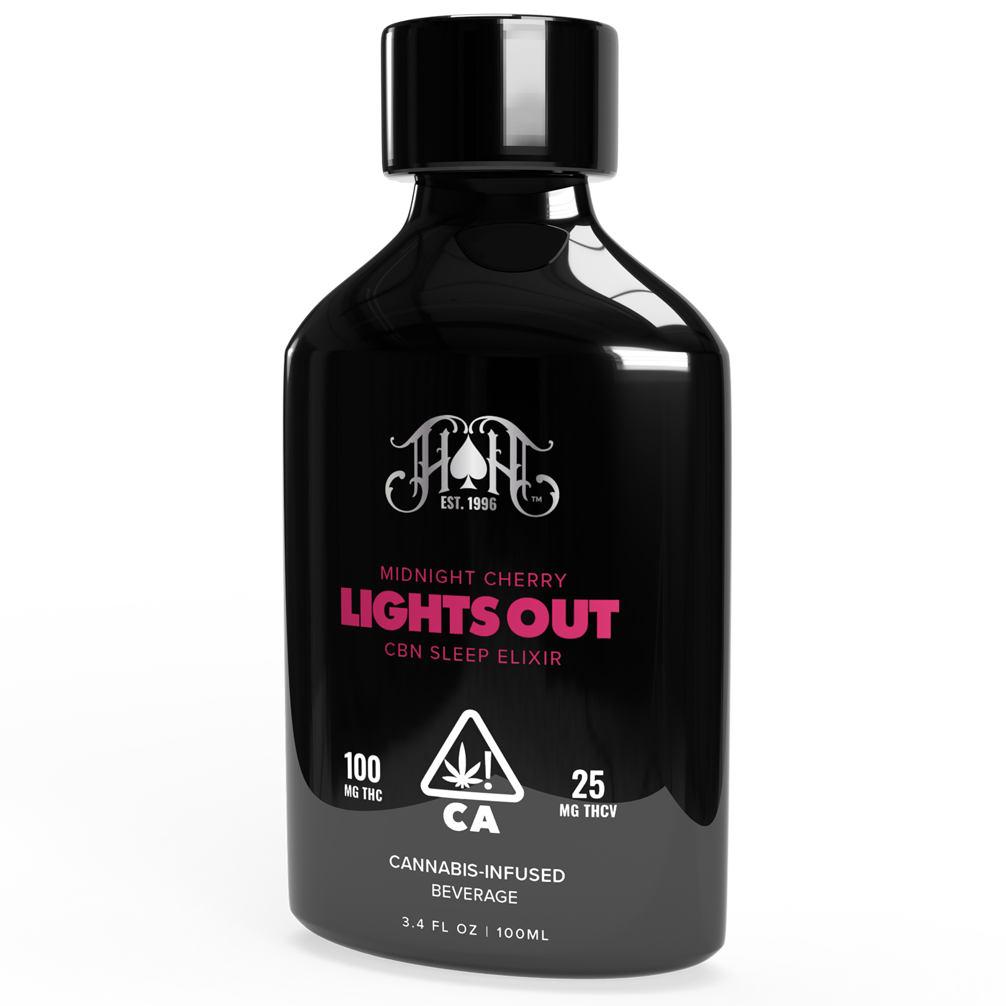 Photograph of product: Heavy Hitters | Lights Out CBN Elixir 3.4 fl oz. | Midnight Cherry | 2:1 TH-oui:CBN