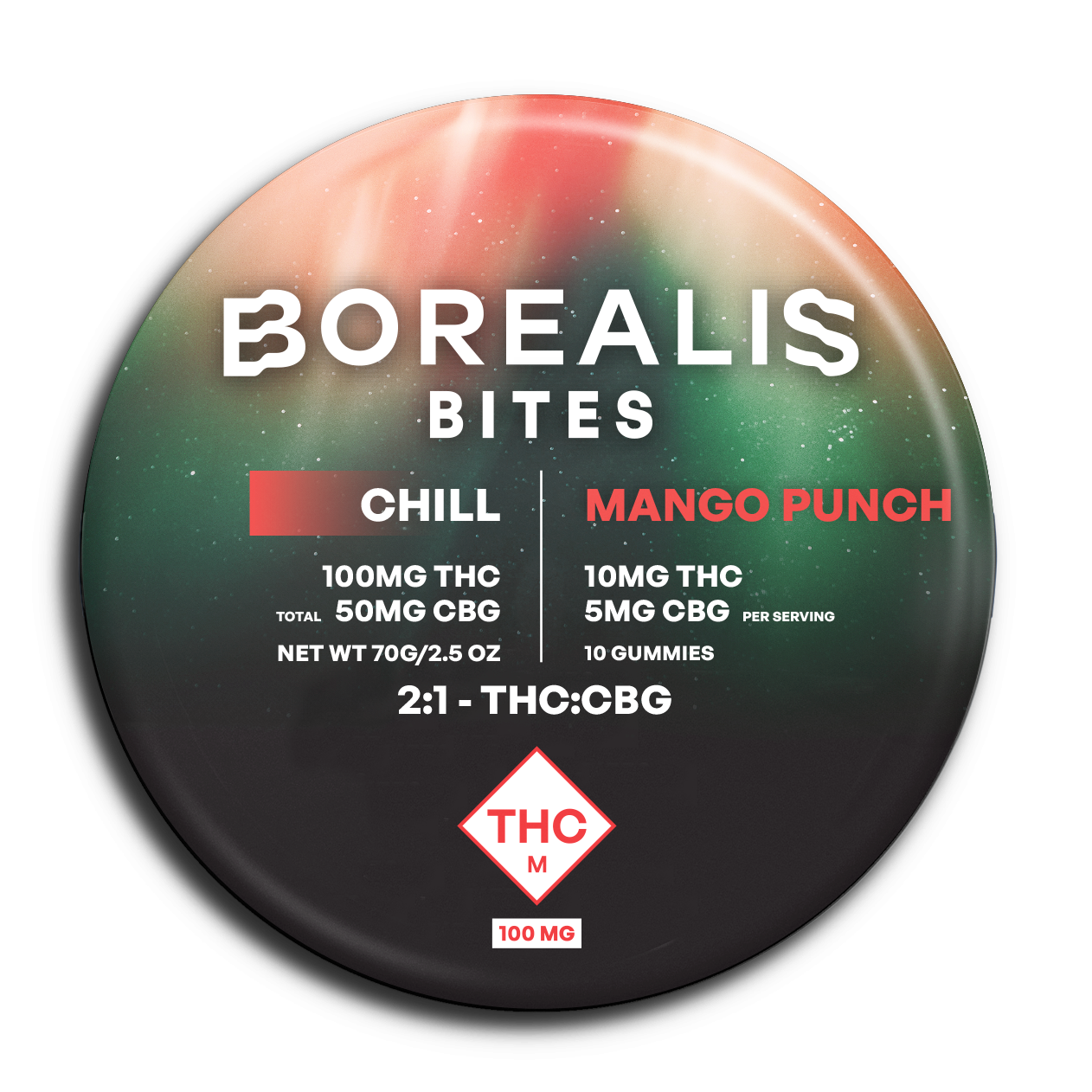 Photograph of product: 2:1 TH-oui/CBG Mango Punch (H) - Borealis Bites - 100mg Gummies