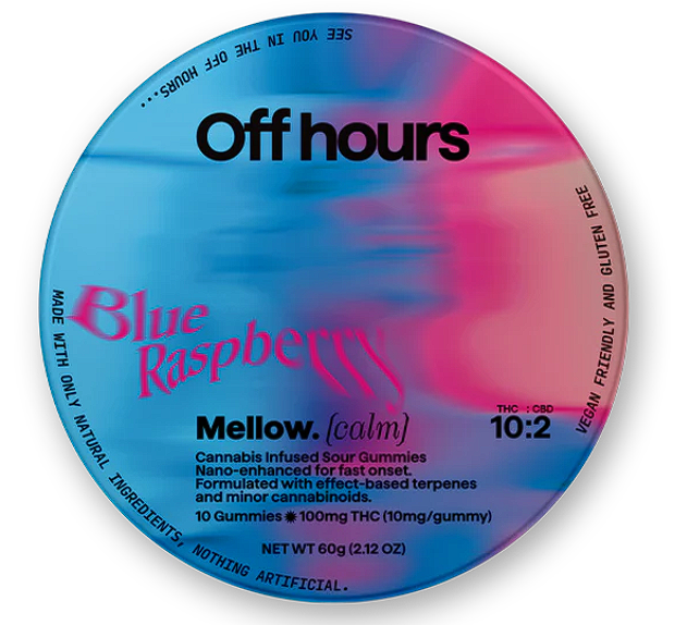 Photograph of product: Off Hours Mellow Blue Raspberry10:2 TH-oui:CBD calm Gummies 100mg