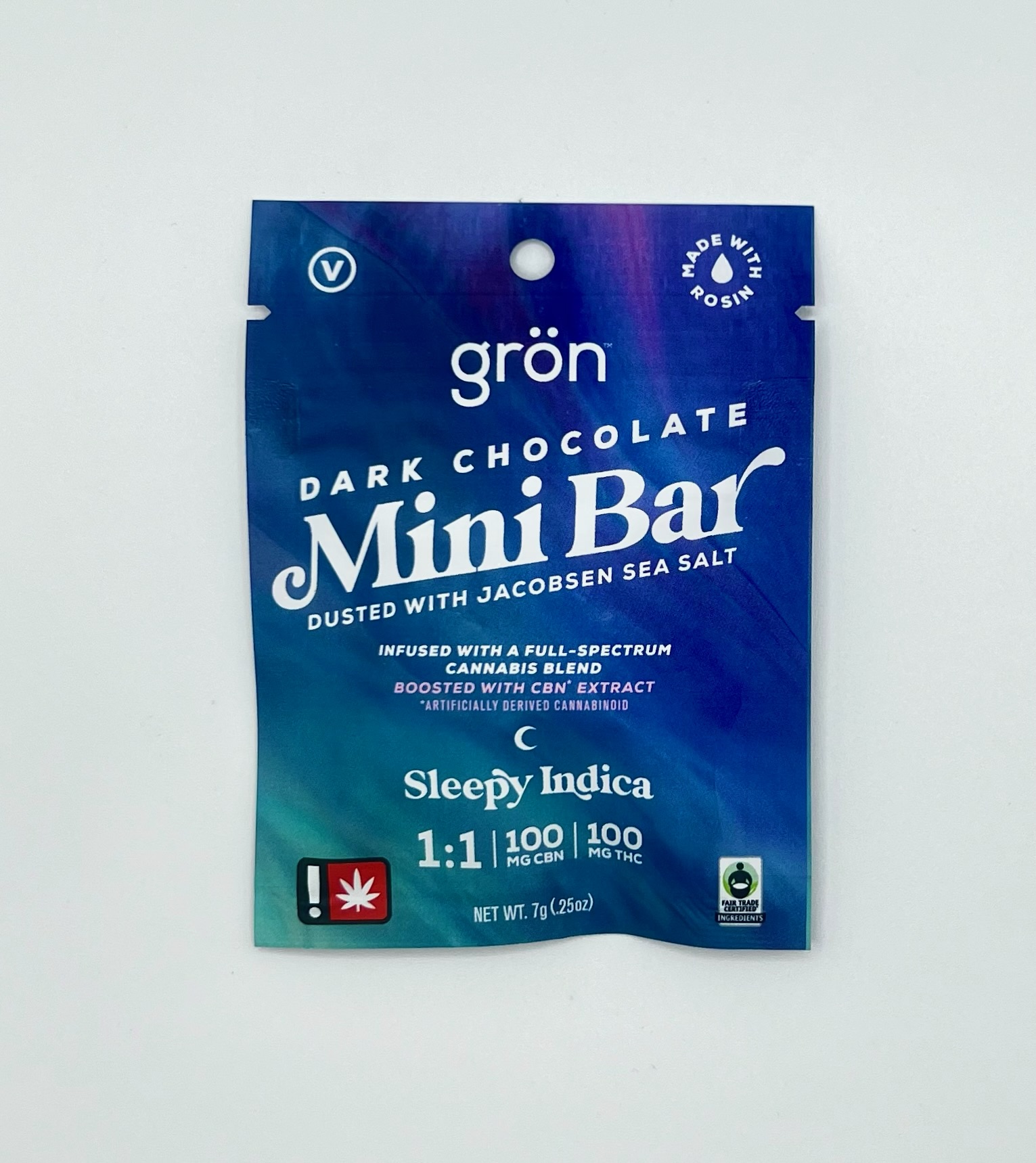 Photograph of product: Gron | Dark Chocolate 1:1 | TH-oui: CBN | Full Spectrum | 100mg Mini Chocolate Bar
