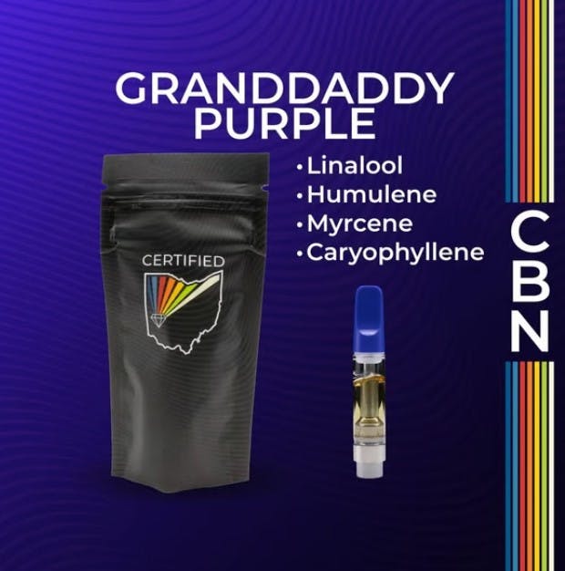 Photograph of product: Grandaddy Purple 2:1 TH-oui:CBN Cartridge
