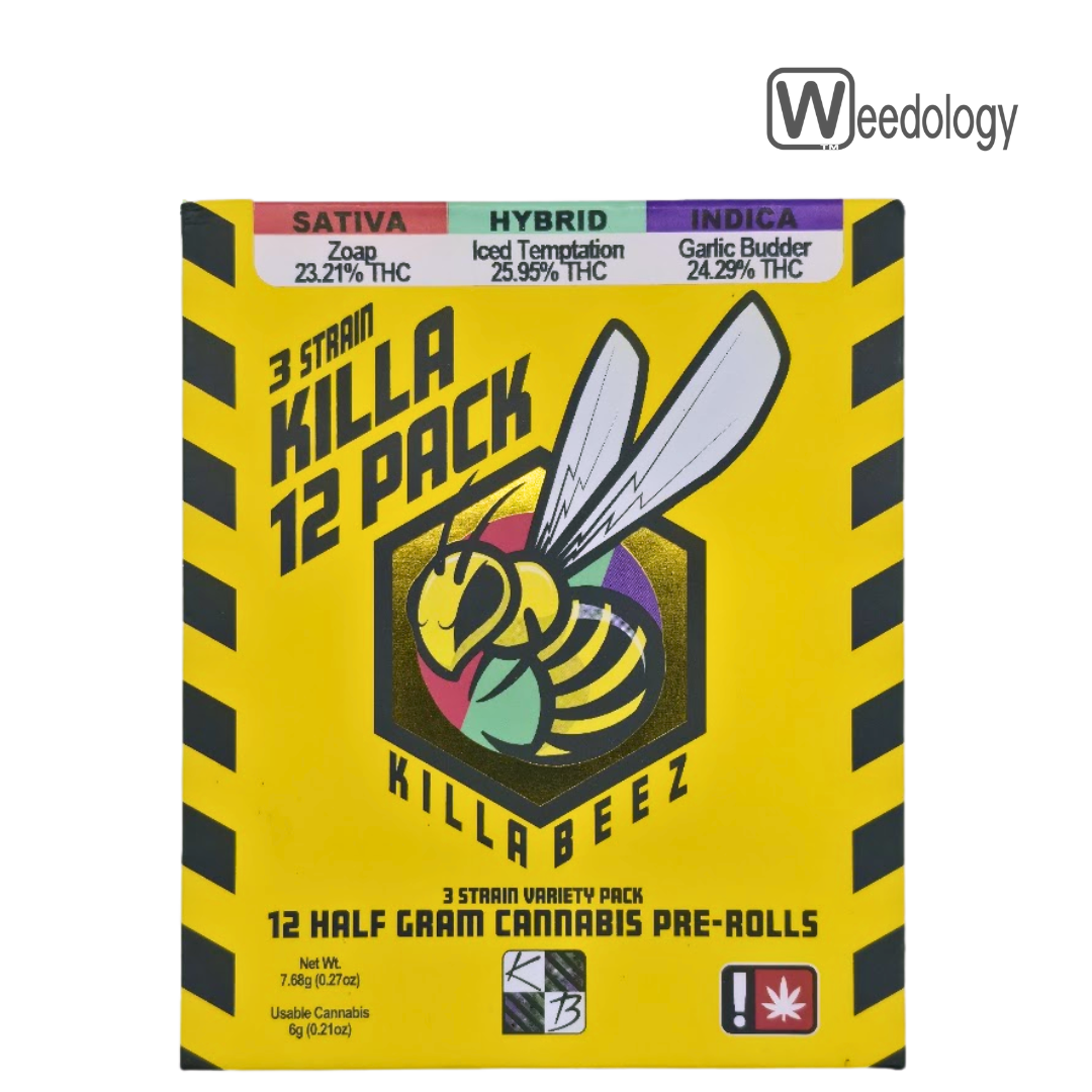 Photograph of product: Killa Beez 12pk ZOAP(S)/ICED TEMPTATION(H)/GARLIC BUDDER(I) 0.5g Pre-Rolls