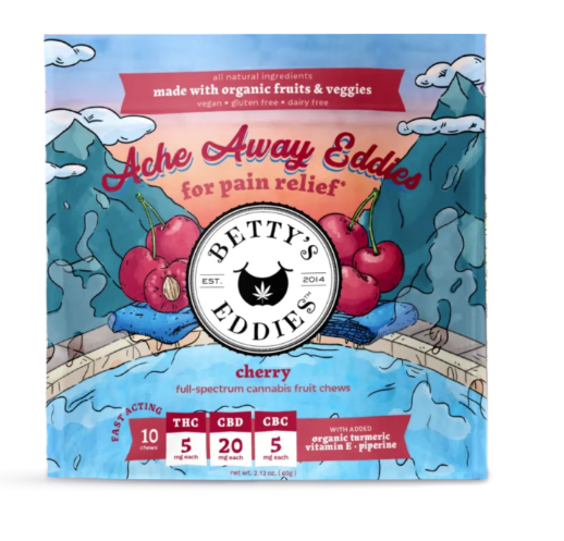 Photograph of product: Betty's Eddies | Chews | Achy Eddies | Cherry 2:8:1 | 10 x 10mg TH-oui: 40mg CBD: 5mg CBC