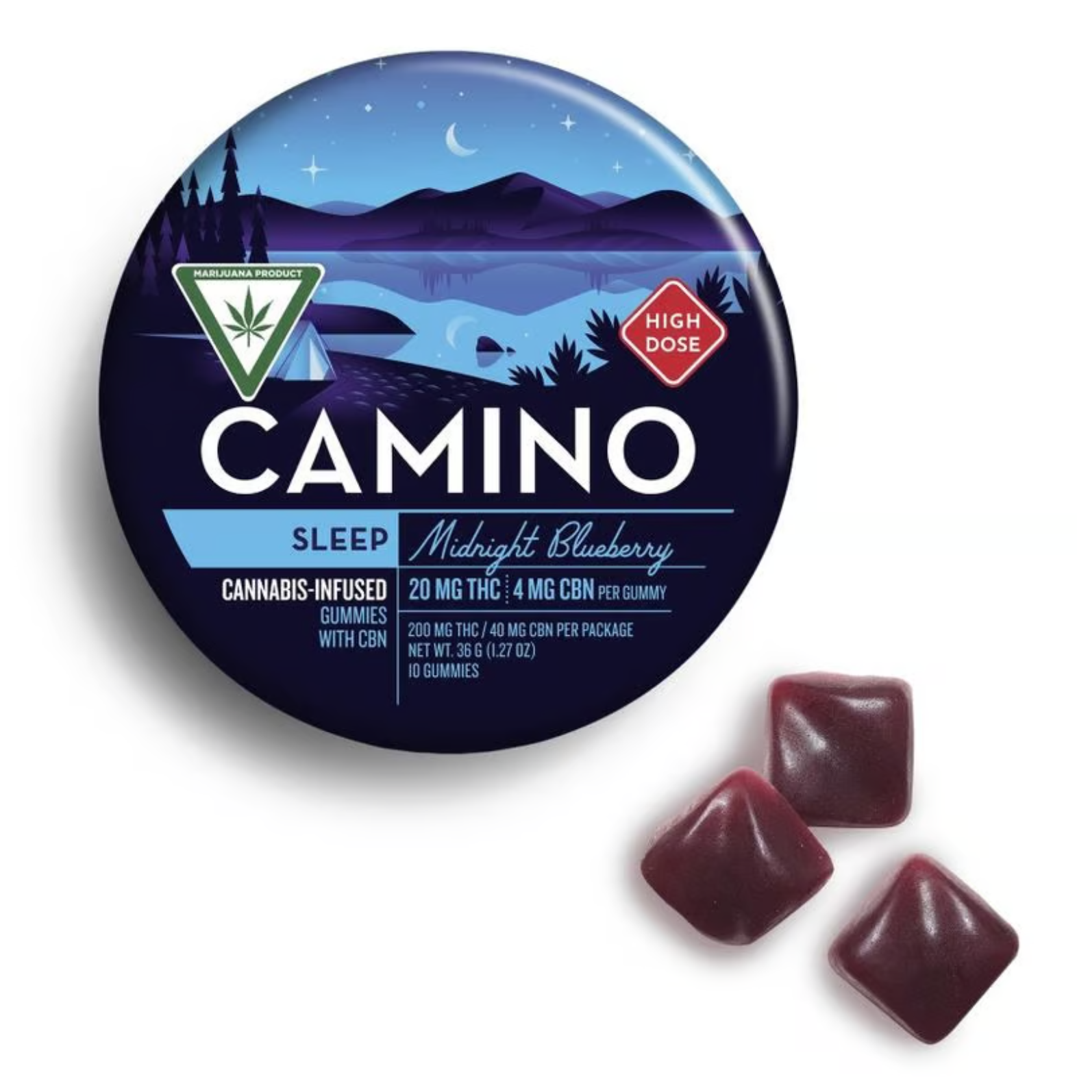 Photograph of product: Camino Midnight Blueberry Sleep 5:1 200mg THC/40mg CBN Gummies Rec