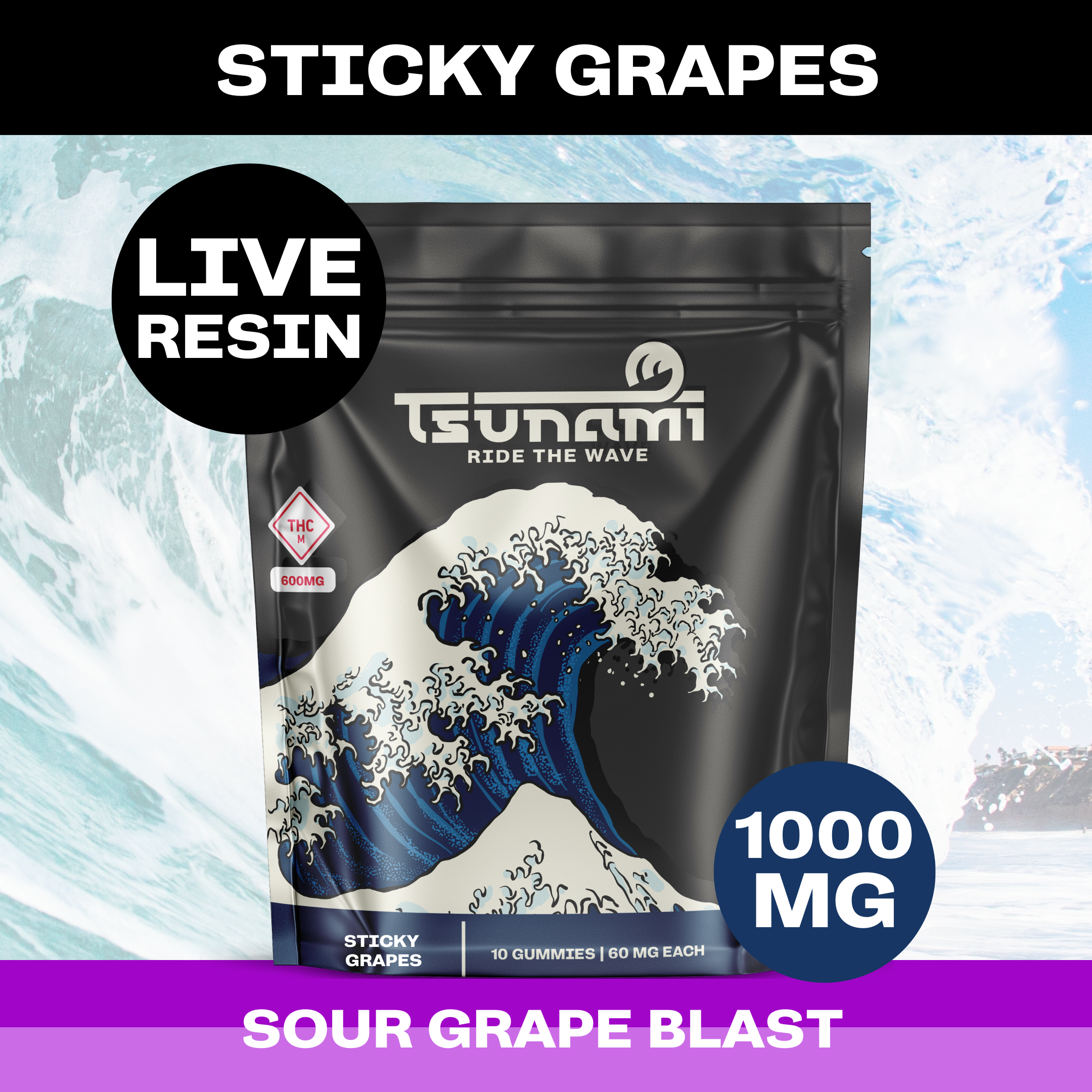 Photograph of product: Tsunami Live Resin Gummies | Sticky Grapes | 1000mg | 10pk