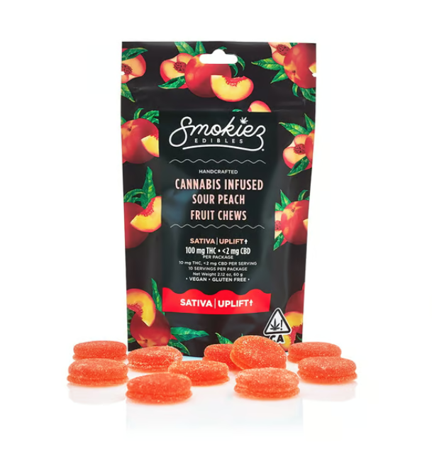 Photograph of product: Smokiez Edibles - Sour Peach 100mg 10pk Gluten-Free Vegan Gummies