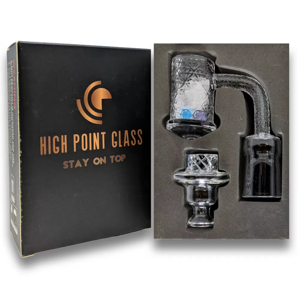 Photograph of product: 18mm Female Diamond Bottom Quartz Banger  2 Terp Pearls & 1 Glass Carb Cap