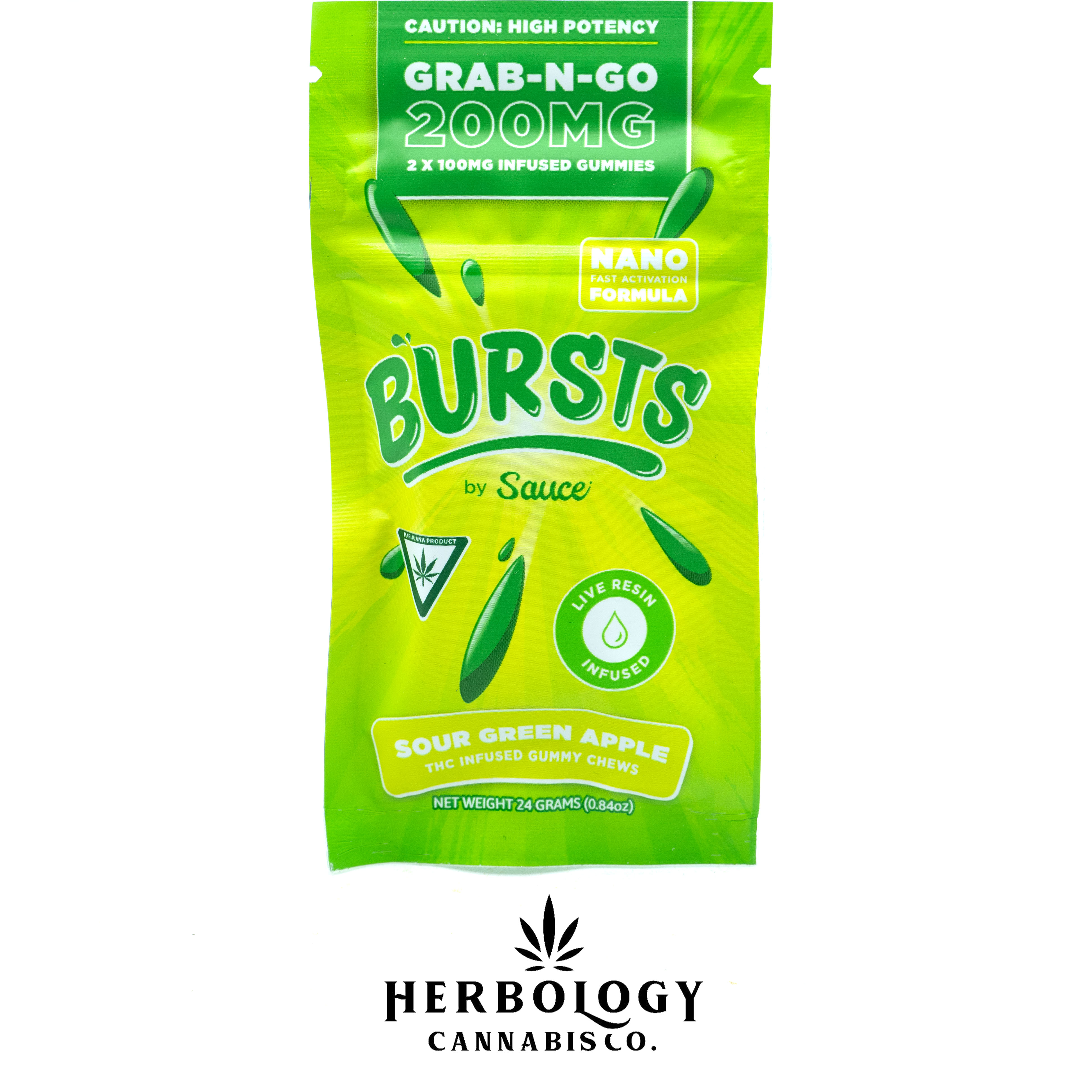 Photograph of product: Bursts by Sauce | Live Resin Gummy | Sour Green Apple | 200mg