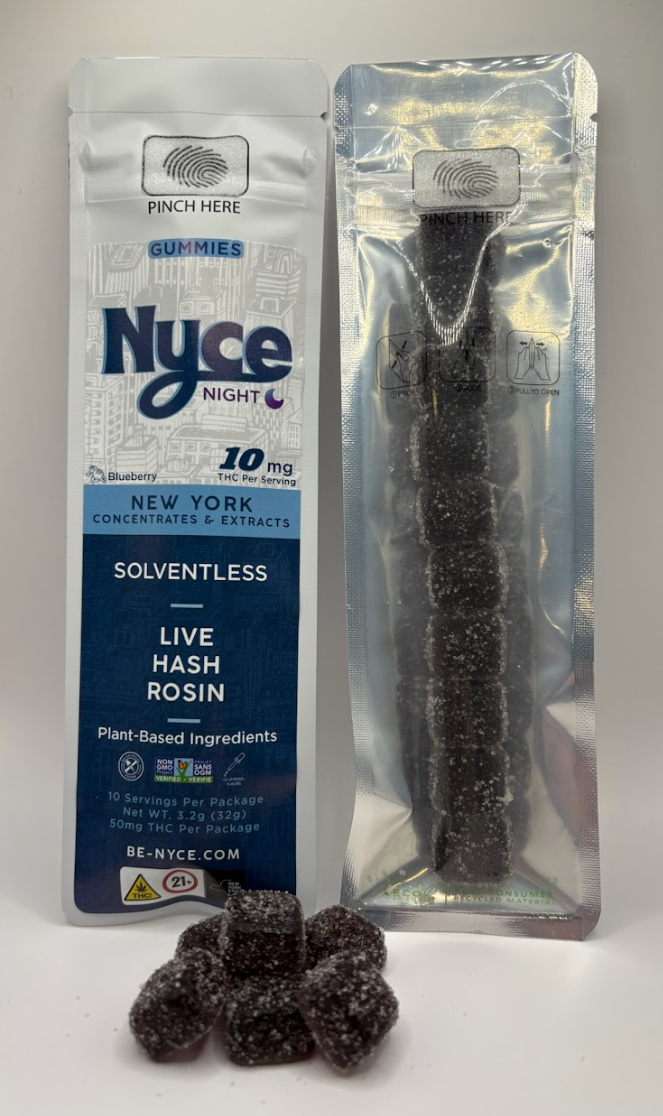 Photograph of Product: Blueberry | 100mg | Live Rosin Gummies | 10 Pack | Night | Nyce