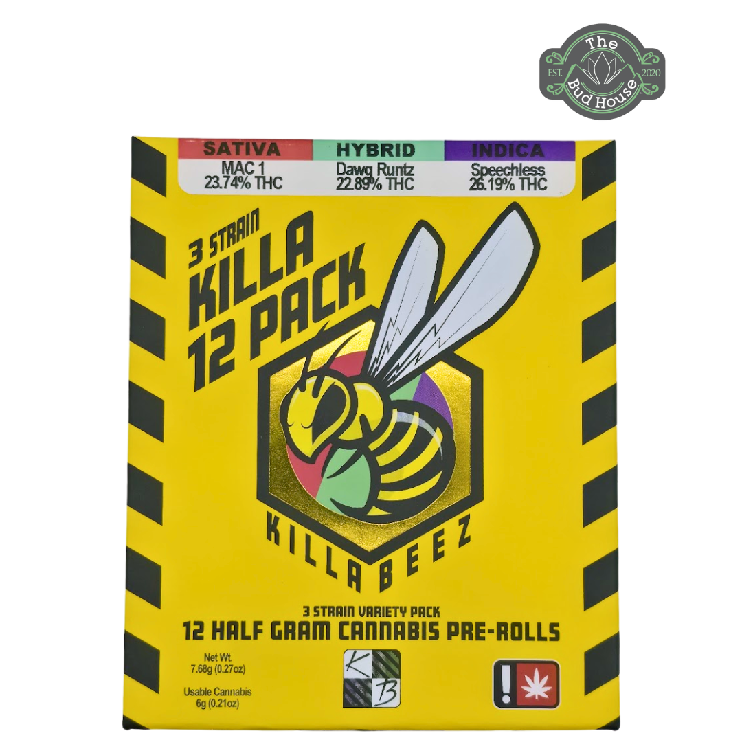Photograph of product: Killa Beez 12pk MAC 1(S)/DAWG RUNTZ(H)/SPEECHLESS(I) 0.5g Pre-Rolls