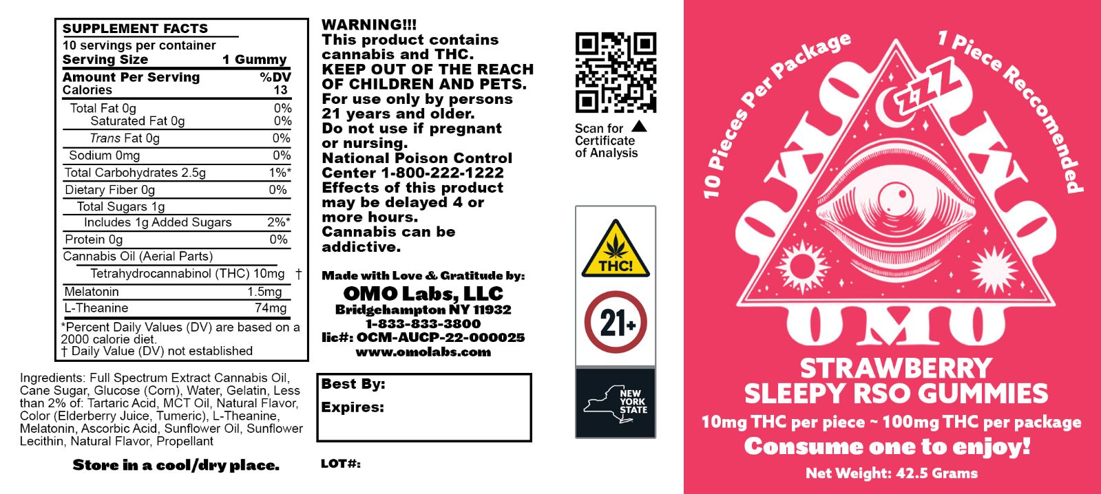 Photograph of product: OMO "Sleepy" Strawberry RSO Gummies 100mg 10pk