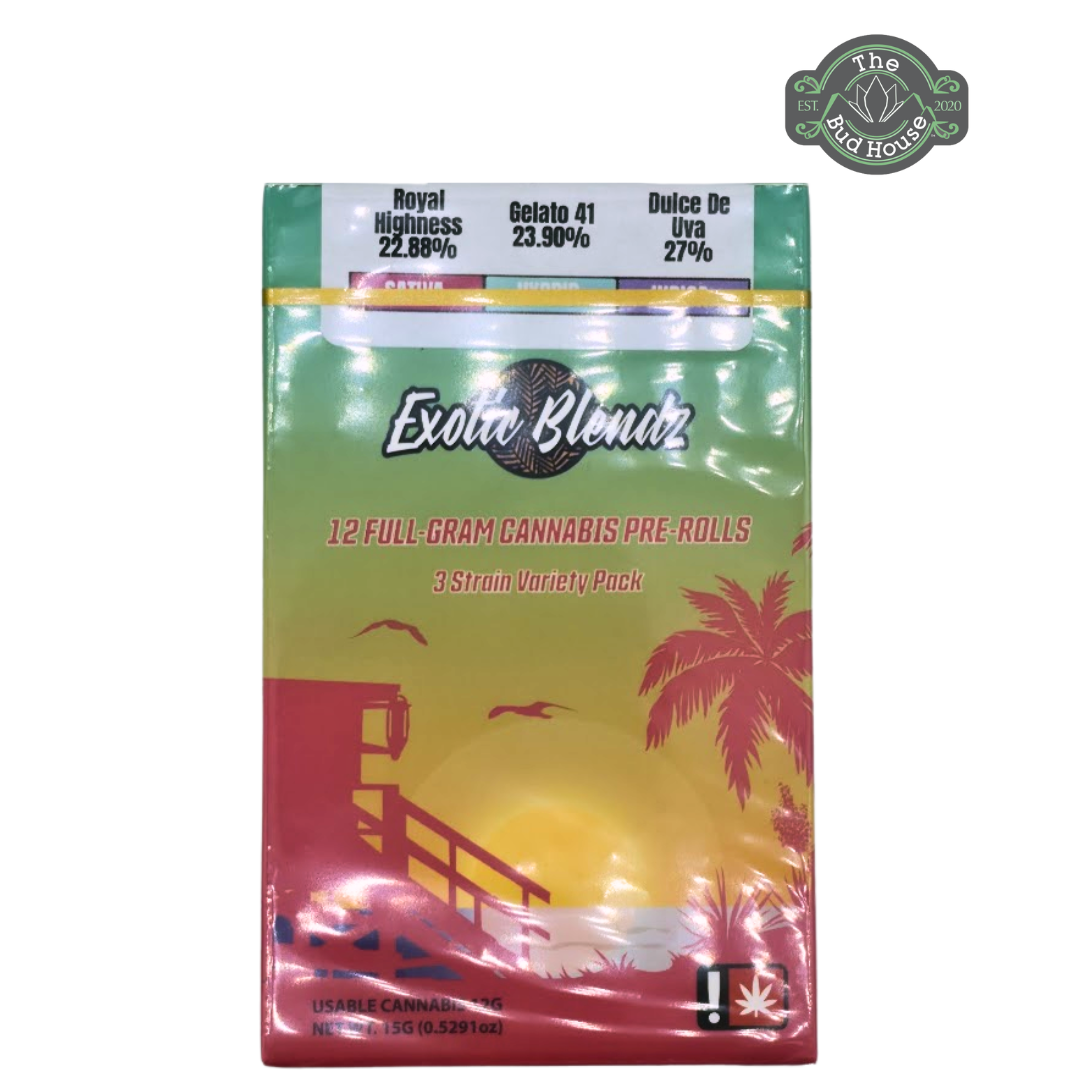Photograph of product: Exotic Blendz 12pk ROYAL HIGHNESS(S)/GELATO 41(H)/DULCE DE UVA(I) 1g Pre-Rolls