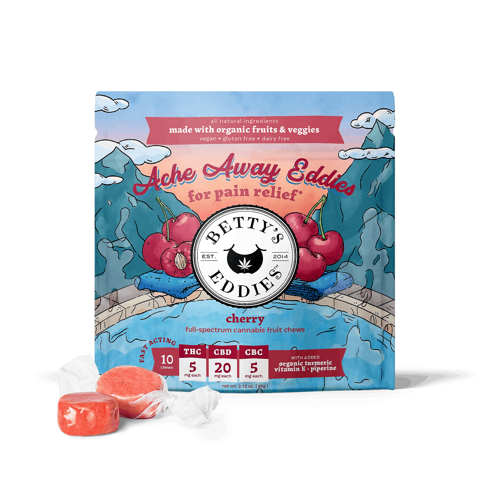 Photograph of product: Cherry | 10mg TH-oui: 40mg CBD: 5mg CBC | 10pk Fruit Chews | Betty's Eddies