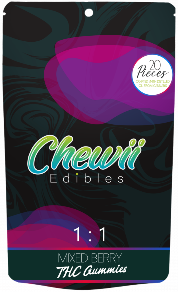 Photograph of Product: Chewii Fast-Acting Mixed Berry 1:2 THC/CBD Gummies 100mg Rec