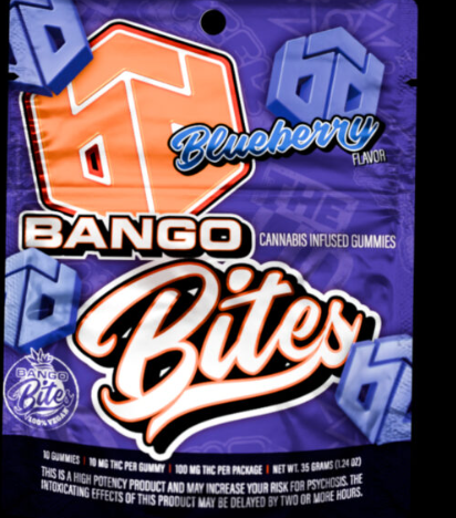 Photograph of product: Bango Bites - Dream Chewz Blueberry 1:1 TH-oui:CBN 100mg 10pk Gummies