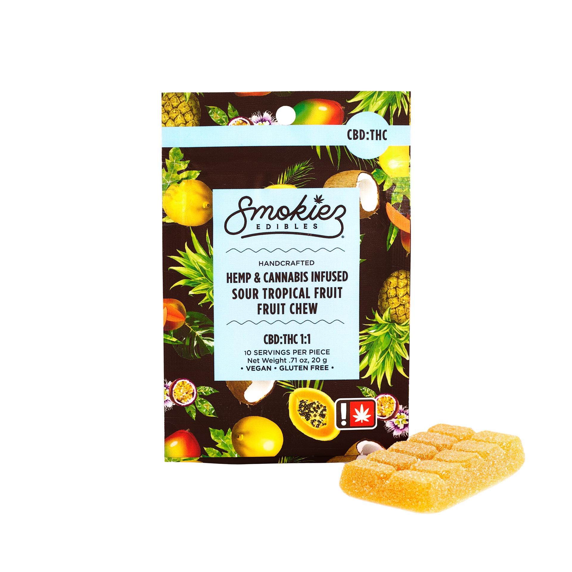 Photograph of product: CBD:TH-oui 1:1 Sour Tropical Fruit Scored-Single Piece 100mg TH-oui:100mg CBD  Fruit Chew