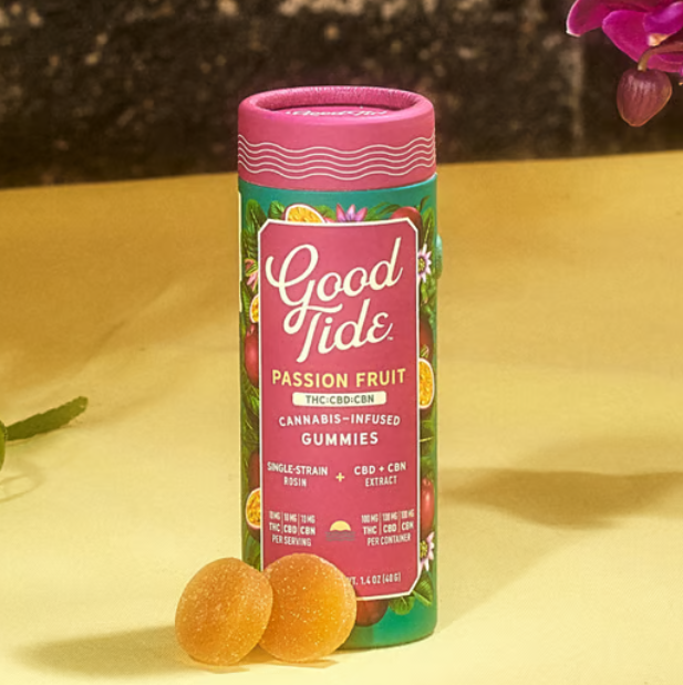 Photograph of product: GOOD TIDE - Passion Fruit 1:1:1 THC/CBD/CBN 100mg 10pk Rosin Gummies