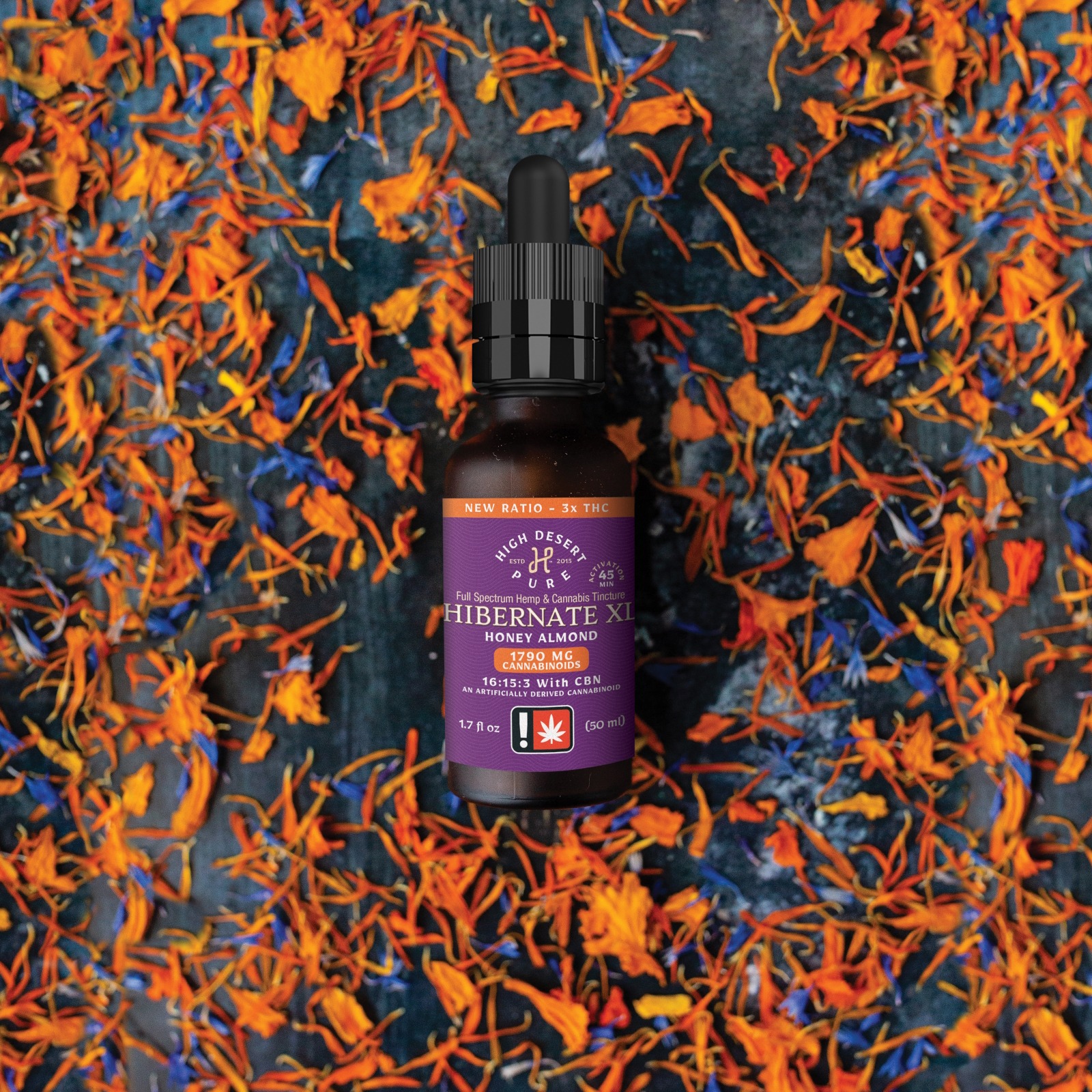 Photograph of product: High Desert Pure | Tincture | Hibernate XL | Honey Almond | 15:8:8:3 | TH-oui:CBG:CBD:CBN |