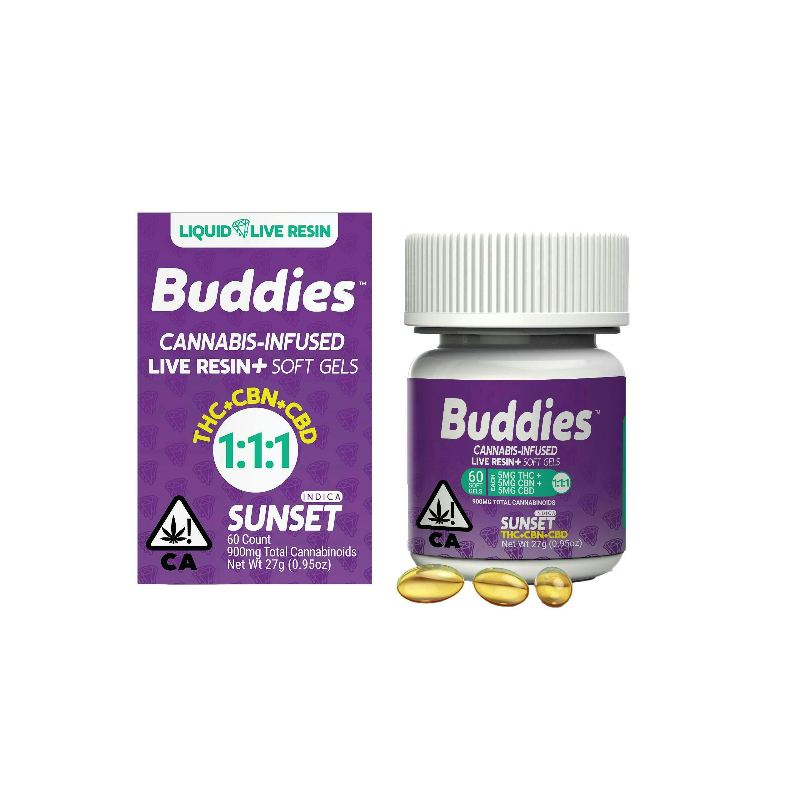Photograph of product: Buddies - Sunset Oui'd LLR 1:1:1 CBD+CBN Soft Gels 60ct - 900mg