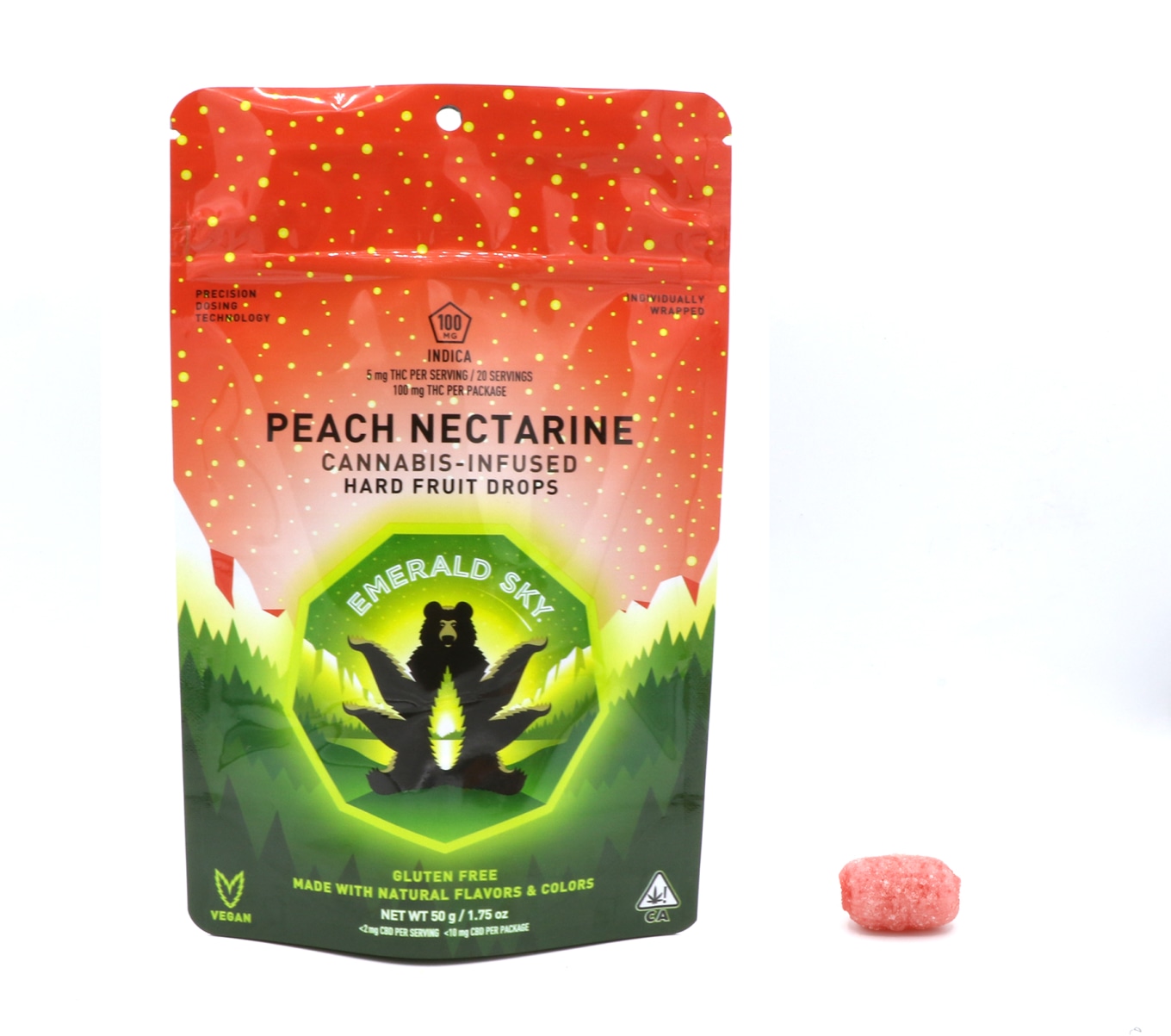 Photograph of product: Emerald Sky - 100mg - 20ct Hard Fruit Drops - Peach Nectarine