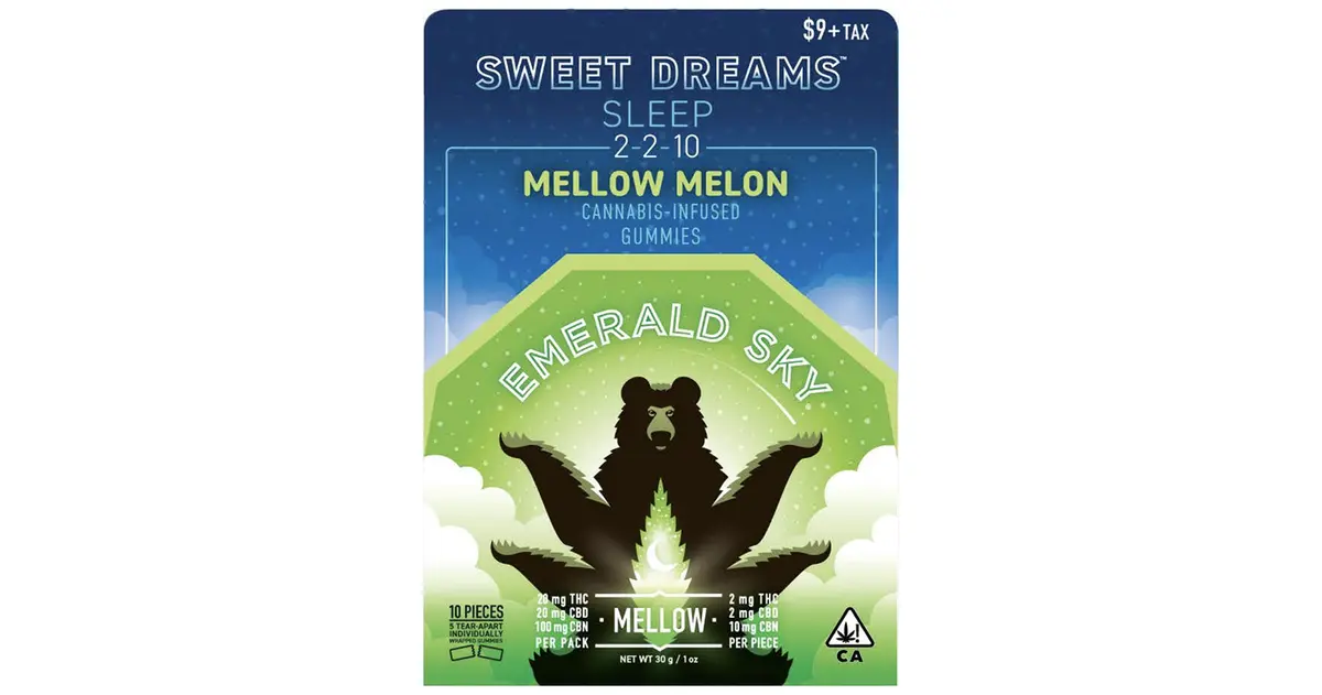 Photograph of product: Emerald Sky Gummies Mellow Melon 2:2:10 TH-oui/CBD/CBN 20MG