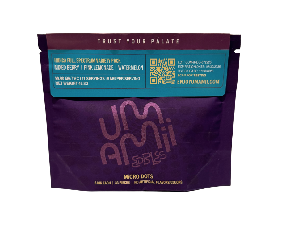 Photograph of product: Umamii | Micro Oui'd Variety Pack (Mixed Berry, Pink Lemonade, Watermelon) | Gummies | 33pk | 99mg