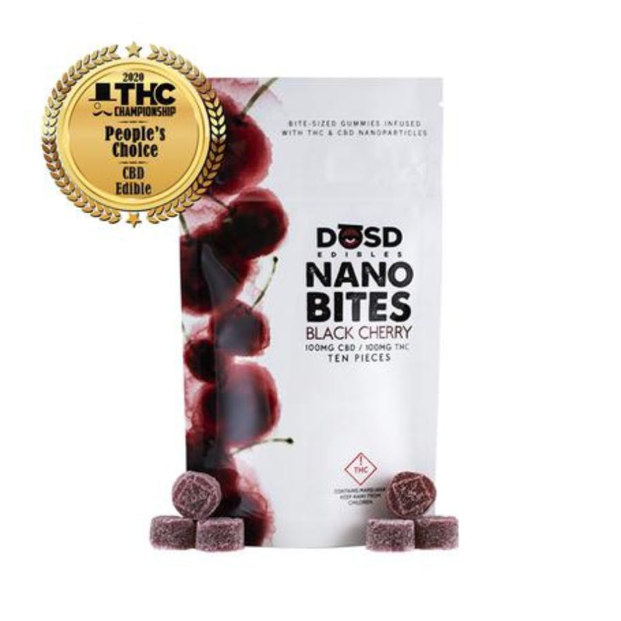 Photograph of product: Dosd Black Cherry Nano Bites 1:1 CBD:TH-oui 100mg:100mg