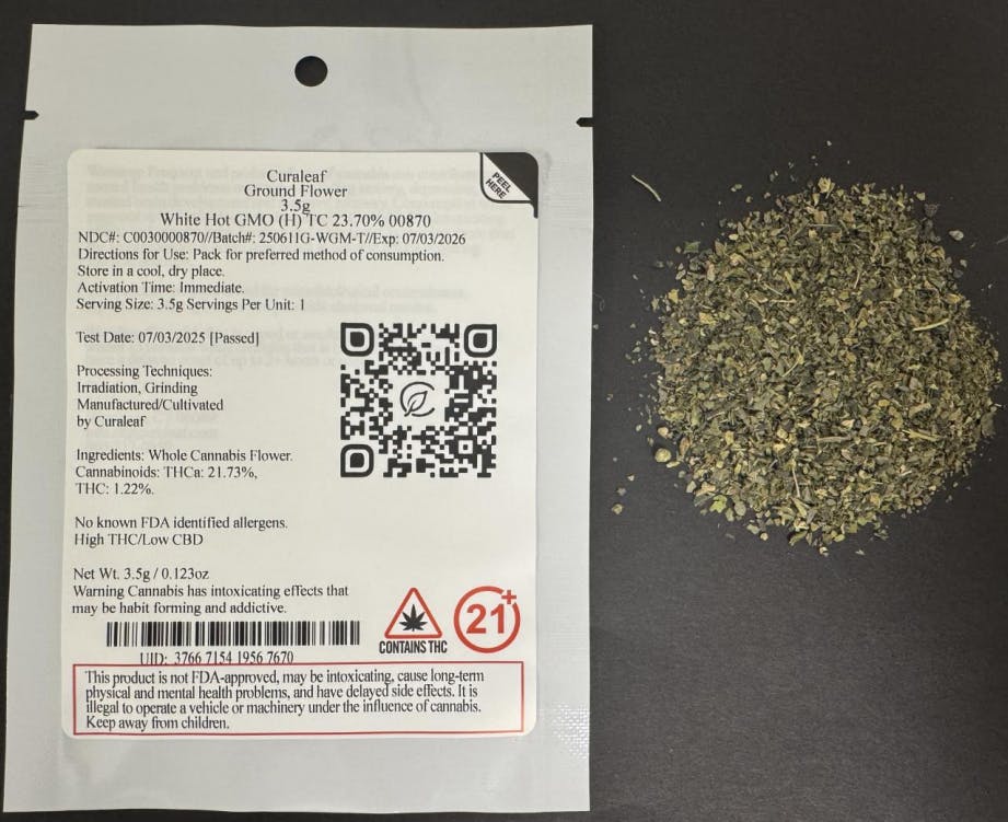 Photograph of product: Curaleaf Ground Flower 3.5g White Hot GMO (H) 00870